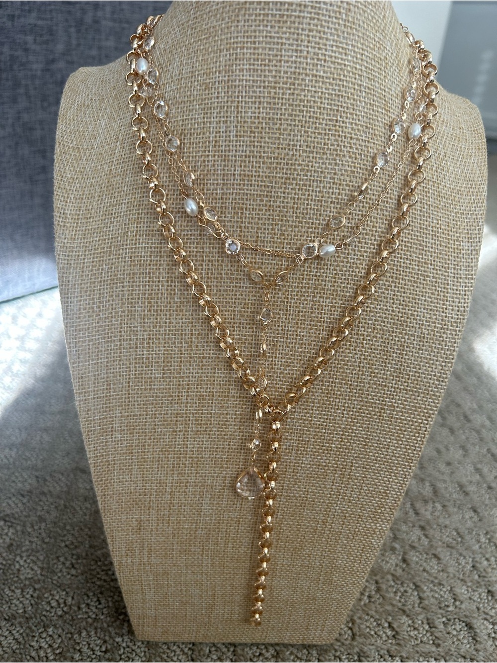 Mango Gold Multi-Layer Pearl & Crystal Lariat Necklace - Picture 4 of 7